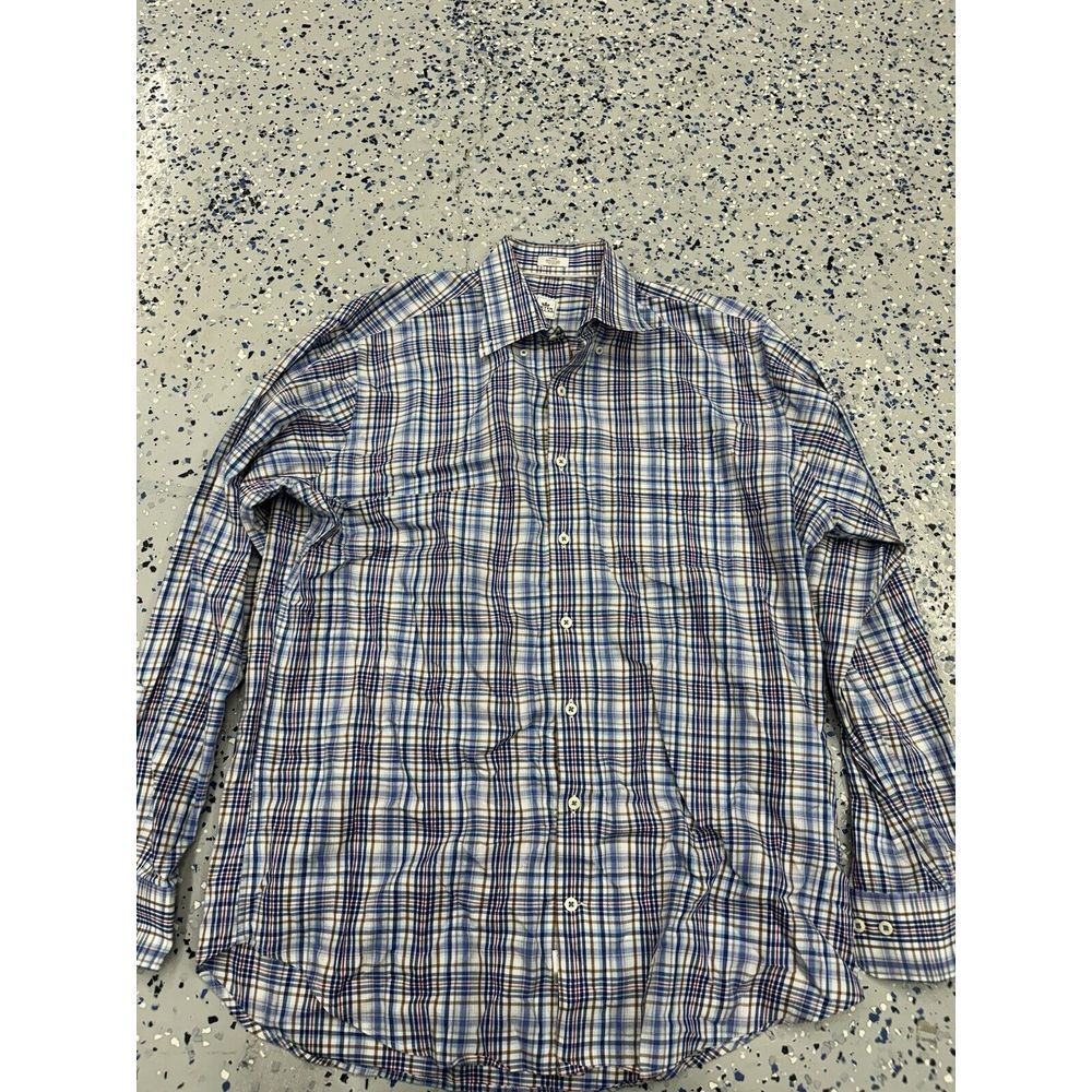 Peter Millar Button Up Dress Shirt Blue Plaid Men's Size Large Used